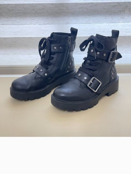 UGG Shoes - Ugg Zorrah Boots 6 Moto Combat Black Leather Silver Studs Side Zip Strap Buckle
